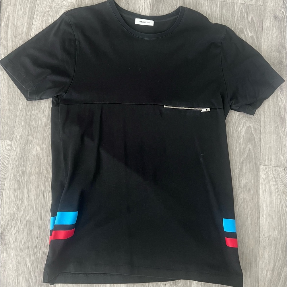 Tim Coppens Black Tee with Blue and Red Accents with pocket zipper
